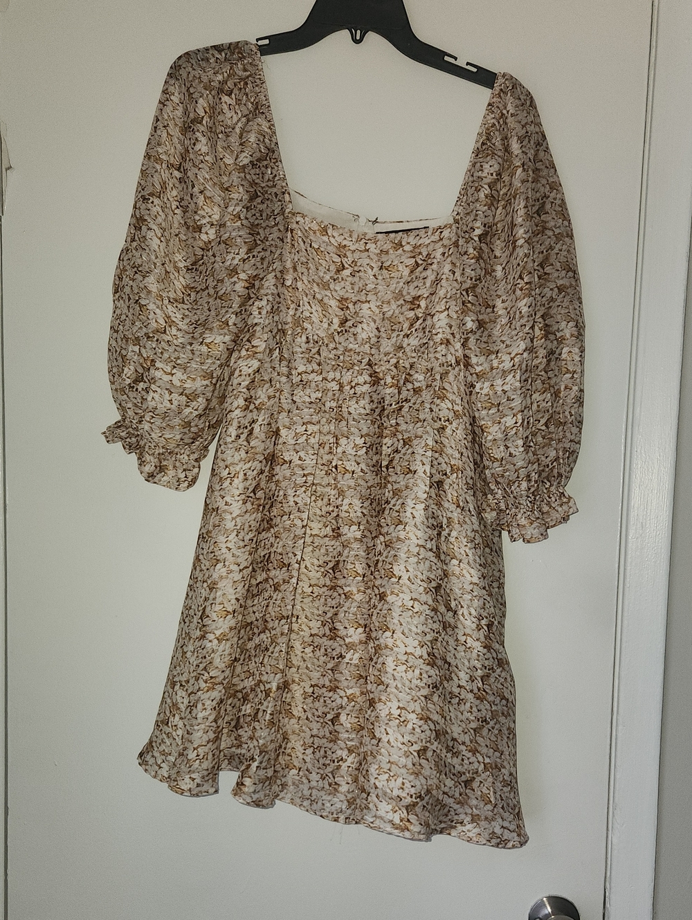Anna Grace Cream and Brown Floral Puff-Sleeve Mini Dress